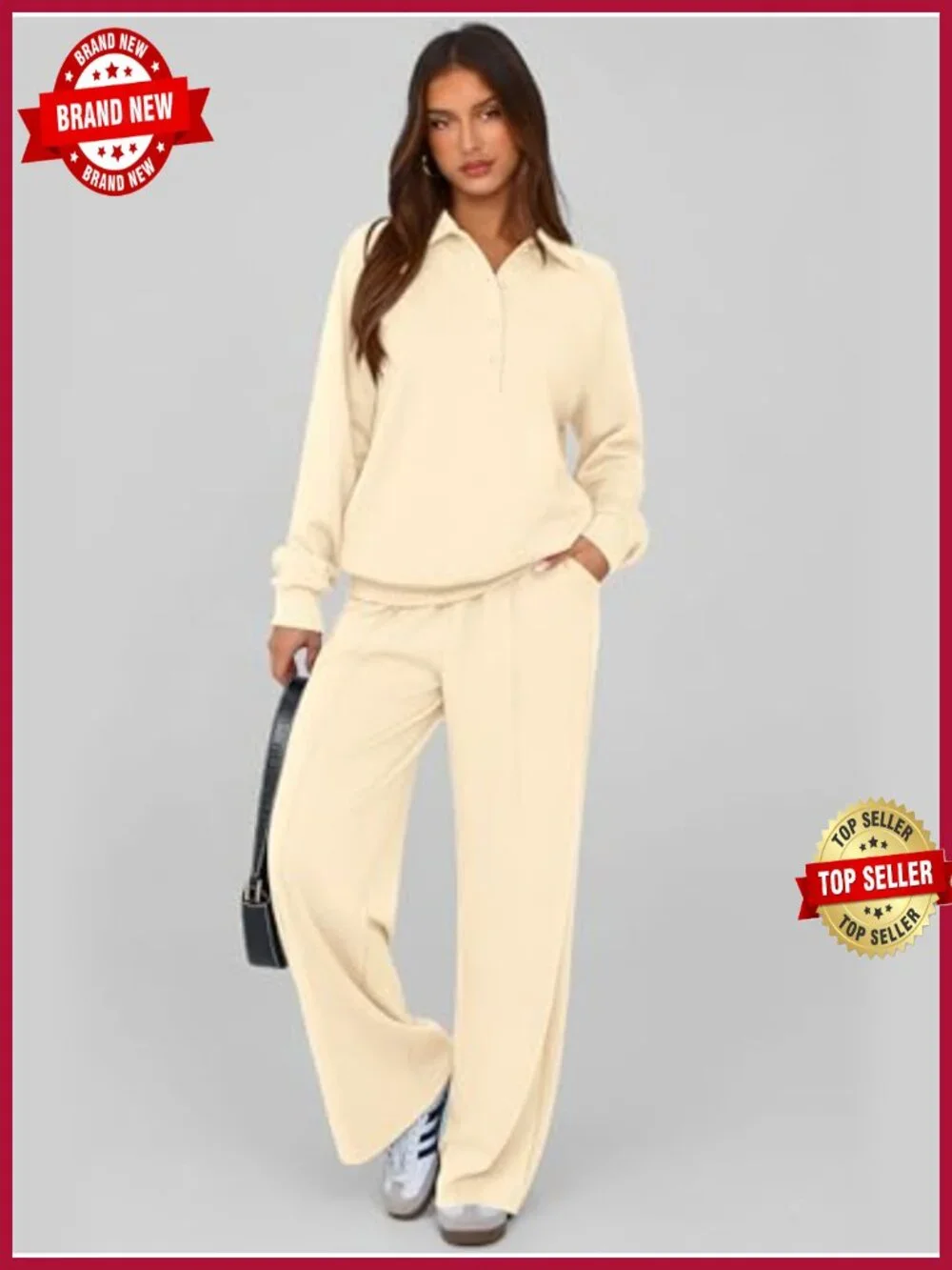 Women's 2 Piece Sweatsuit Set Quarter Button Long Sleeve Sweatshirt Wide Leg